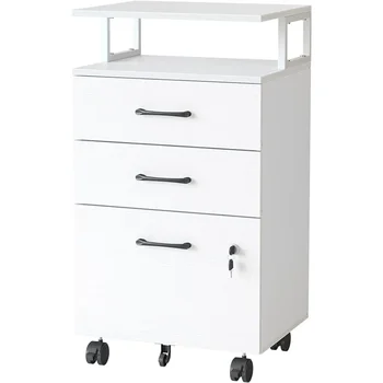 FEZIBO шкаф за файлове с ключалка за домашен офис, 3-чекмедже подвижен шкаф, домашен офис шкаф за файлове, дървен шкаф за съхранение