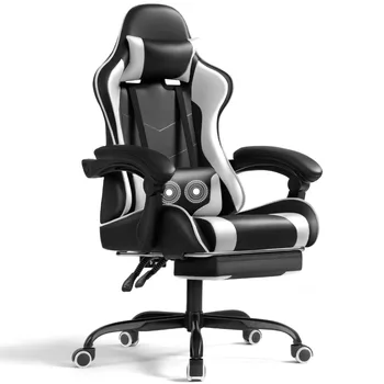 PU кожен игрален стол масаж ергономичен геймър стол регулируем по височина компютърен стол с поставка за крака & лумбална опора,