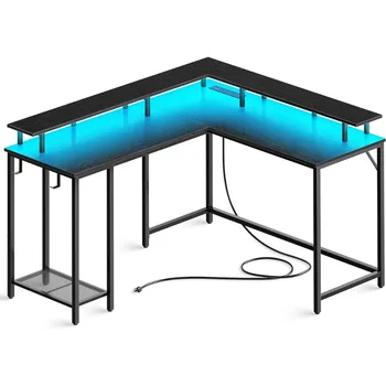  L оформено игрално бюро с електрически контакти LED светлини, рафт за съхранение на монитори, компютърни бюра с куки, черно