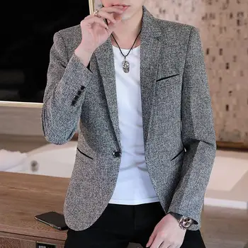 Модни джобове за копчета за ревера Плътен цвят Ежедневни блейзъри Мъжко облекло 2023 Есен Зима Хлабав корейски върховете Костюми за всички мачове