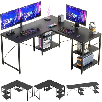 Bestier L образно игрално бюро с рафтове 95.2 инчов обратим ъглов компютър бюро или 2 човек дълга маса за домашен офис голям