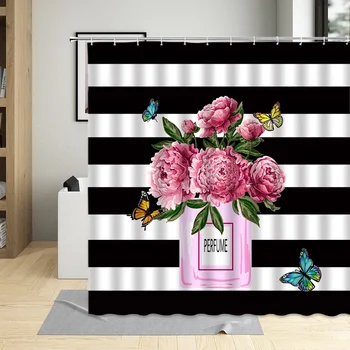 Цветя пеперуда парфюм душ завеса творчески черно бяло райе растение печат мода жена момиче баня декор завеси комплект