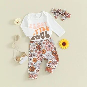 бебе момичета есен облекло дълъг ръкав писма печат гащеризон с цвете печат панталони и лента за глава облекло комплект