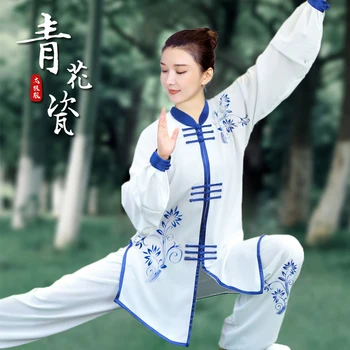 Wudang Tai Chi рокля Женска синя и бяла порцеланова бродерия Състезание за изпълнение Тренировъчна рокля Мъжко есенно облекло