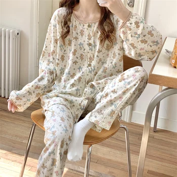Карикатура мечка печат пижама за жени памук спално облекло за пролетта 2023 Нов пижамен костюм дълъг ръкав Loungewear 2 части комплект
