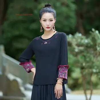 2024 китайска традиционна тениска национална цветна бродерия риза с о-образно деколте реколта ханфу върхове ориенталска народна риза ретро база риза
