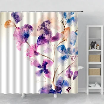 Растителни цветя душ завеса акварел флорални баня завеса с куки машина миене плат баня декор синьо лилаво
