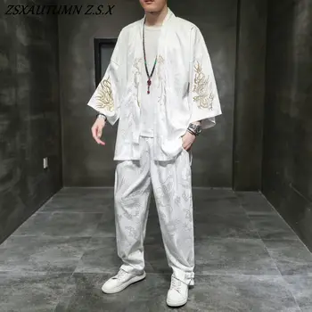 китайски стил мъжки летен лед копринена риза комплект мода Кунг Фу Tang костюм седем точка ръкав жилетка ханфу костюм реколта традиция