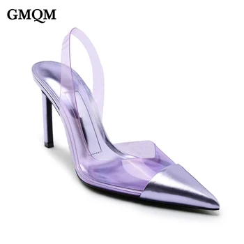 GMQM Луксозна марка жени високи токчета Нови 2023 кристални прозрачни сандали на ток Stiletto Секси за дама заострени пръсти рокля парти