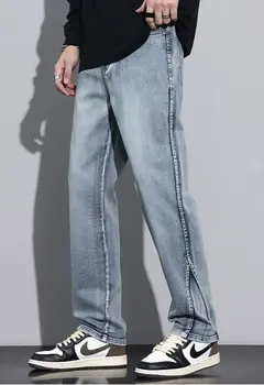Дънки Мъжки High Street Straight широки крака моп панталони измити тенденция гъвкави модни тенденции горещ панталон