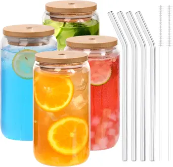 18.6oz 540ML Чаши за пиене могат да оформят стъклени чаши с бамбукови капаци и стъклени сламки за бира Коктейл от ледено кафе