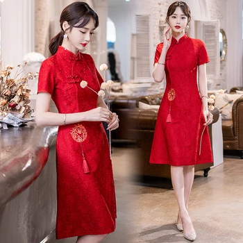 Китайска традиционна ретро червена модерна подобрена Cheongsam лятна нова рокля с къс ръкав Qipao