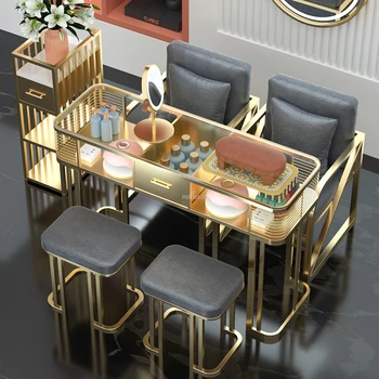 Италиански леки луксозни стъклени маси за нокти Злато с чекмедже маникюр маси модерен салон мебели салон красота маса и стол комплект