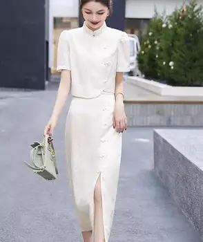 Китайски стил мода дамски есен Qipao две части комплект рокля