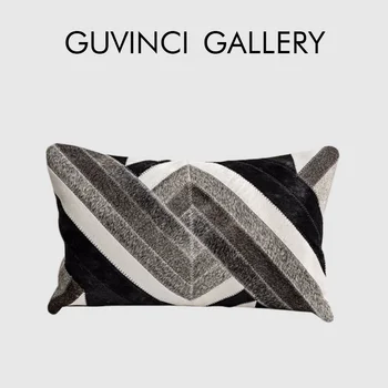 GUVINCI италиански модерен бутиков възглавница покритие луксозна крава кожа снаждане обрат геометрия лумбална възглавница случай 30x50 за диван диван