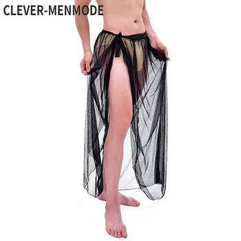 CLEVER-MENMODE Мъжка пижама Секси мрежести дъна за сън виждат през дълги кюлоти за спално облекло Прозрачна странична разлята нощница