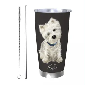 Westie West Highland Terrier Dog Tumbler Вакуумно изолирани чаши за кафе за кученца Офис от неръждаема стомана Начало Чаши Бутилка за вода, 20oz