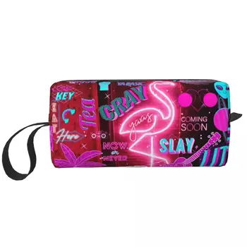 Ретро неоново розово естетическо фламинго Vaporwave голяма чанта за грим красота торбичка пътуване козметични чанти чанта за съхранение за унисекс