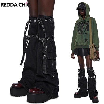 ReddaChic Goth Self-belt Women Leg Warmers Black Denim Function Pocket Keen Long Socks Dark Academia Steampunk Y2k Streetwear
