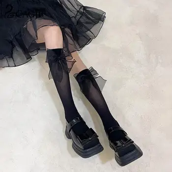 1pair Япония Лолита дантела чорапи жени сладък Kowknot високо коляното чорапи Femme еластични дълги чорапи крак чорапогащник чорапогащник
