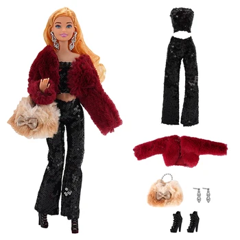 NK 1 комплект кукла кралица зимна рокля за пазаруване: инфрачервено покритие + лъскав топ + панталони + обеци + чанта + високи токчета за Барби кукла играчка аксесоар