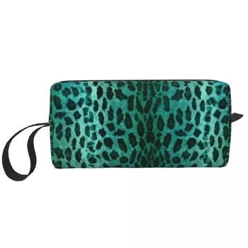 Green леопард грим чанта за жени пътуване козметичен организатор сладък животински кожата печат съхранение тоалетни чанти