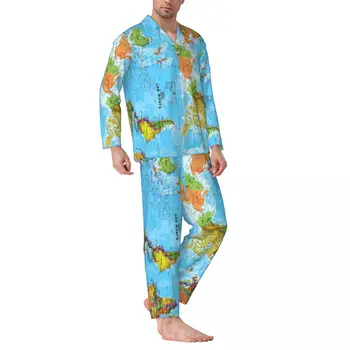 пижами Мъжки свят карта нощ спално облекло реколта печат 2 парче случайни пижама комплект дълъг ръкав меки извънгабаритни дома костюм