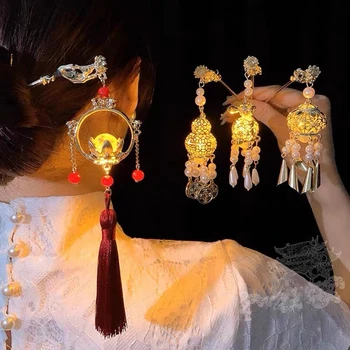 Китайски дворец фенер фиба златен цвят метални пръчици за коса вилици с леки жени бижута ретро лотос цвете пискюл