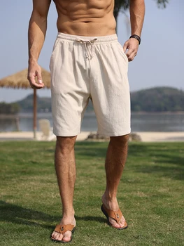 PICKLION Нови мъжки ленени шорти панталони мъжки летни дишащи плътен цвят бельо панталони фитнес улично облекло плажни шорти