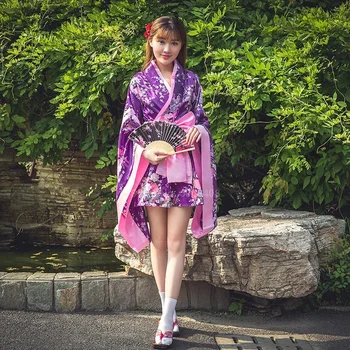 Нова кимоно рокля момиче японски печатни лък момиче флорални секси аниме ролева игра костюм
