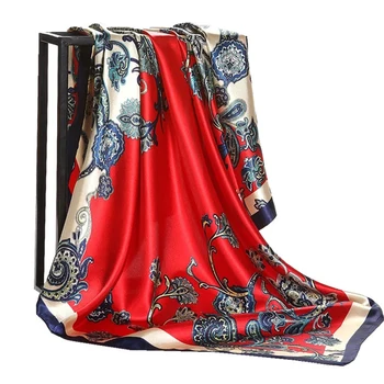 2023 Цветен шал за печат на главата за жени копринен сатен хиджаб шалове оранжево червен 90 * 90 см квадратна вратовръзка лента за глава шалове за дами