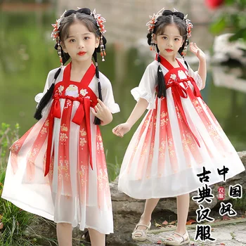 Древен костюм къс ръкав ханфу червена бродерия рокля 2023 лятна фея китайски традиционен косплей за момиче Tang костюм кърпа