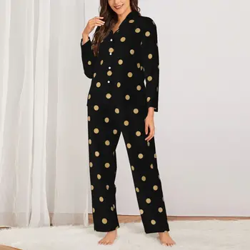 Gold Dot печат пижама комплекти полка точки сладък спално облекло женски дълги ръкави реколта спалня 2 парчета нощно облекло голям размер 2XL