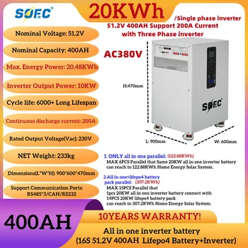 20KWh LiFePO4 батерия 51.2V 400Ah PowerWall 6000 цикъла Вграден BMS &10KW инвертор RS485 / CAN слънчева батерия Плащане на вноски
