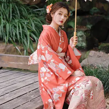 Нова японска традиционна дълъг ръкав традиционно кимоно реколта стил оранжев цвят флорални щампи Yukata косплей износване фото рокля