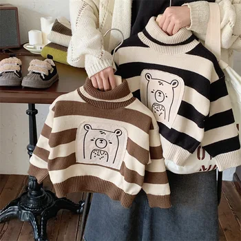 Корейска зима 2023 Деца момче пуловер памук поло раирана малко дете момче пуловери свободно време карикатура мечка деца момче долна риза
