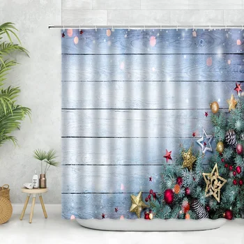 Коледа душ завеса плат бор клон Коледа топка пентаграма на синьо дървена дъска ферма селска къща декор баня аксесоар комплект