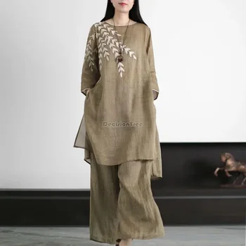 2023 пролет/лято китайски памучен лен дзен костюм жени бродирани реколта риза хлабав дълги панталони китайски две части комплект s397