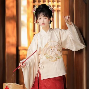 Ханфу жените династия Минг бродирани кръг врата Bipa ръкав кон лицето рокля есен и зима