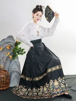 Пълен комплект нова китайска пола с конско лице, подобрен комплект риза Hanfu casual в плътен цвят, дамско облекло 2023