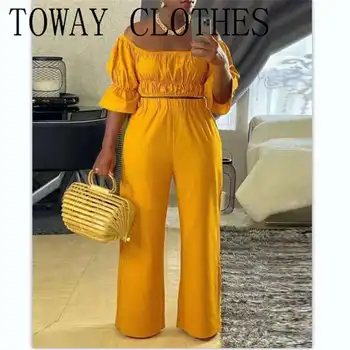 Дамски комплекти от две части Outfit Pleated Square Neck Bell Shaped Sleeve Set New Fashion 2023 Summer Casual Female Clothing Outfits